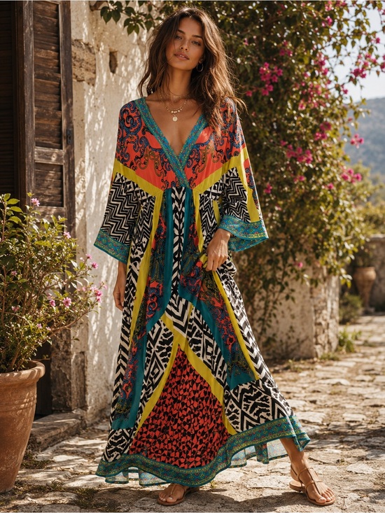Flying Tomato Dresses & Skirts - Flying Tomato Boho Patchwork Maxi Dress Small Geometric Festival Rayon Print